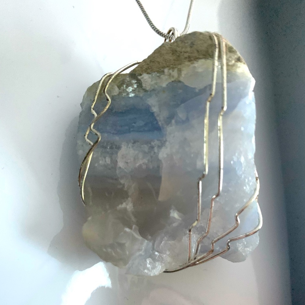 Large size blue semi-precious stone pendant shiny silver tone metal cage & chain
